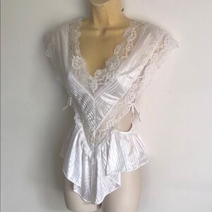 Delicate White Lace-Trim Satin Chemise Bodysuit